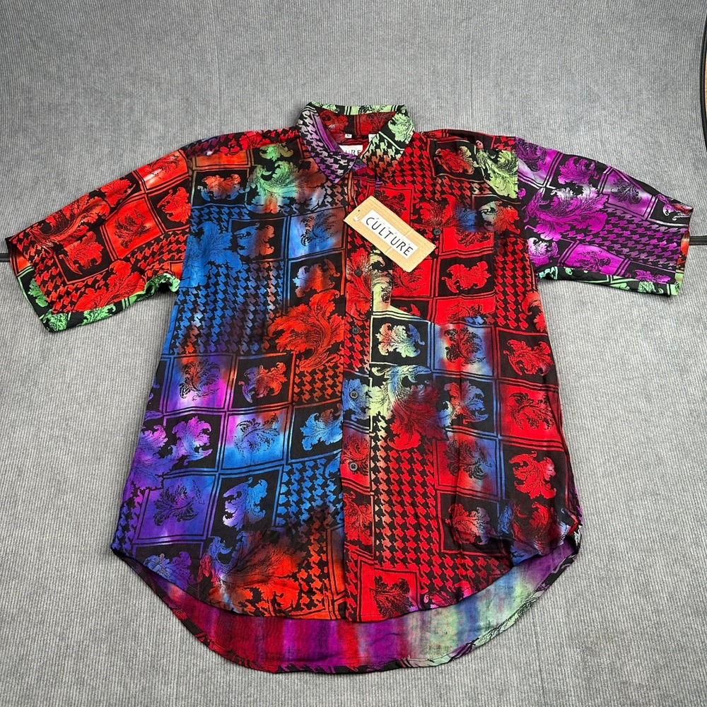 Modern Culture Mens Rayon Button Down Shirt Patchwork Houndstooth Multi Color M